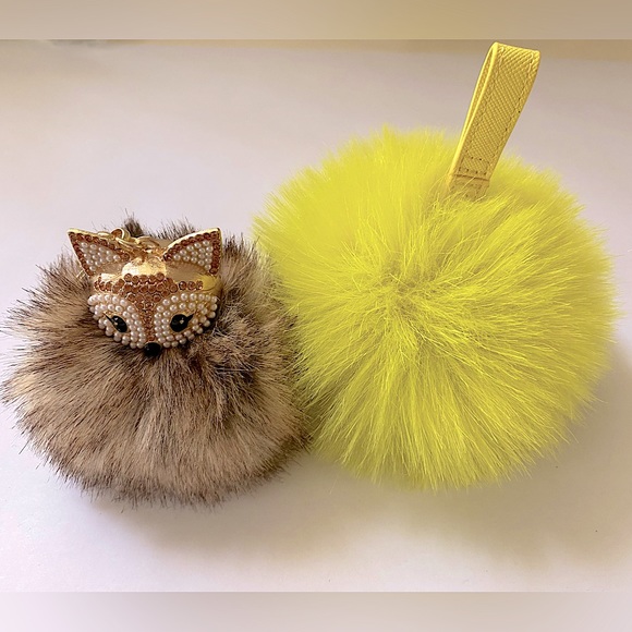 Fluffy Fuzzy Soft Fox and Neon Yellow Fluff Keychain Toggle Luggage Bag Charms - Picture 1 of 4